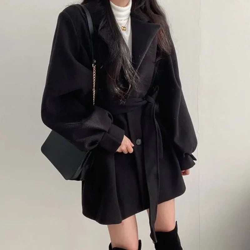 Women Buttons Lace-Up Trench Coat with Pockets Woolen Turn-Down Collar Long Sleeve TRAF Coat Overcoat Women Fall Winter