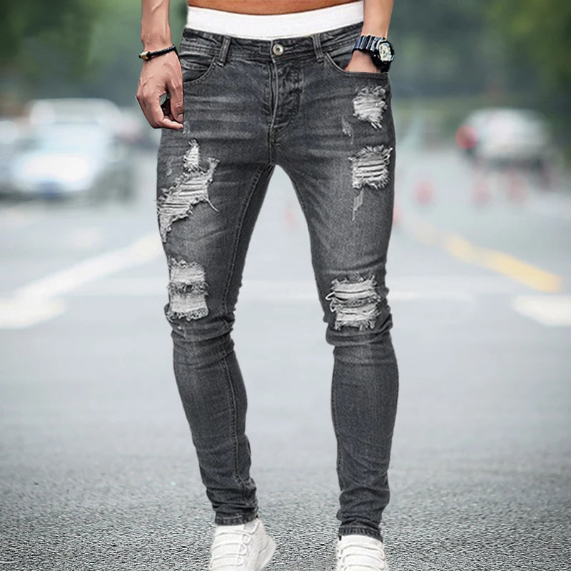 Men Knee Hole Ripped Stretch Skinny jeans 