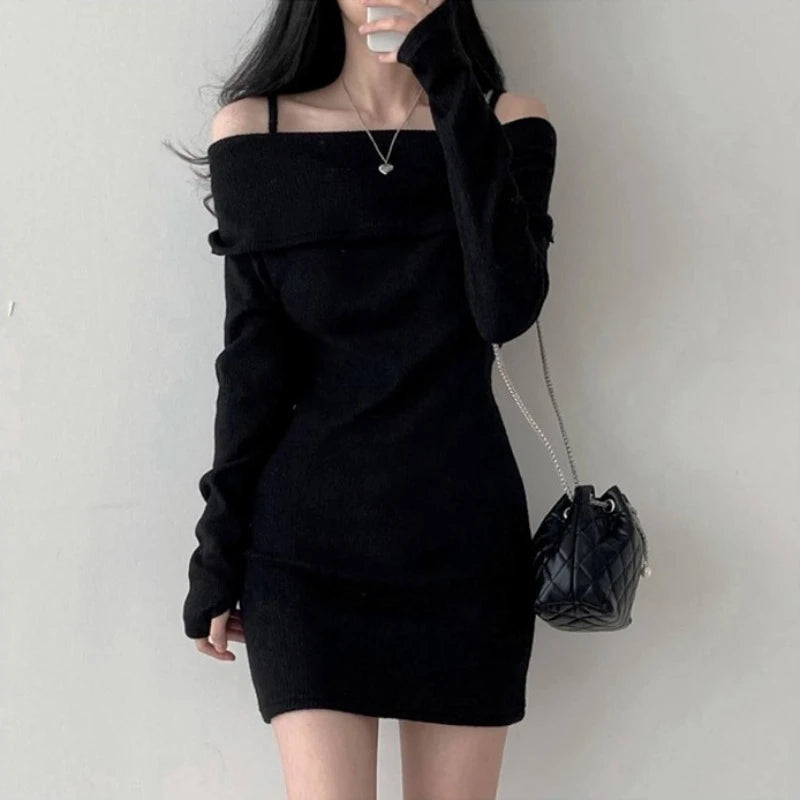 Women Slash Neck Knitted Bodycon Dress off Shoulder Sexy Slim Dress Solid Streetwear Pullover Dresses Women 2024 Spring