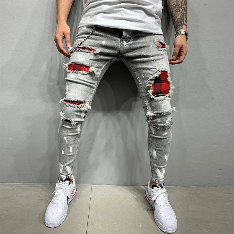 Men Knee Hole Ripped Stretch Skinny jeans 