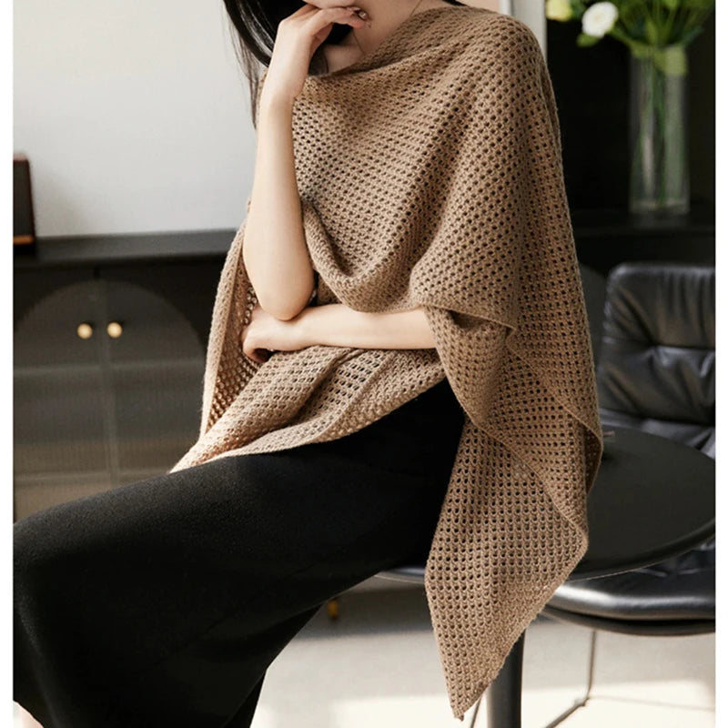 Hollow Out Cardigan Shawl Air-Conditioning Shirt Sweater Cape Coat Solid Knitted Loose Office Shawl Wool Spring