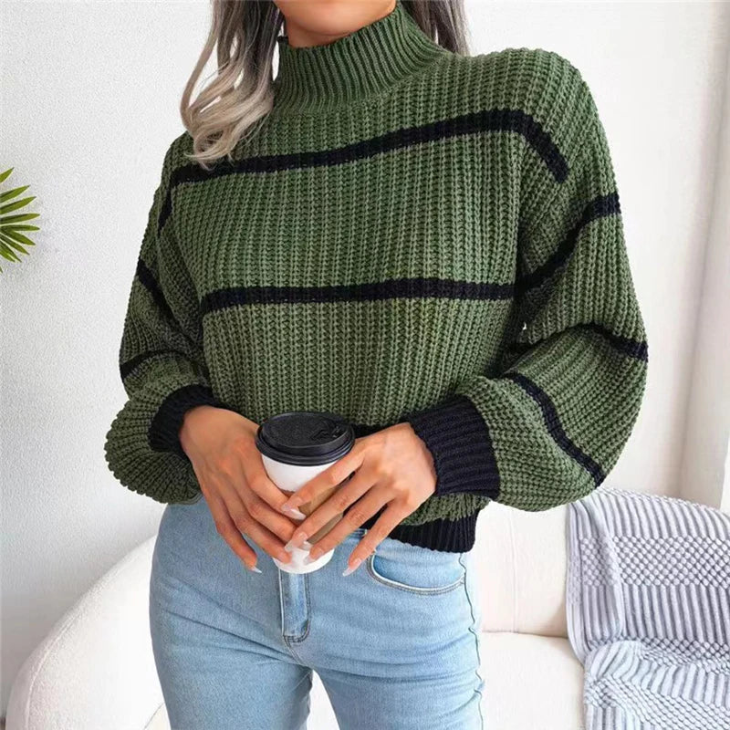 WOMEN STRIPED KNIT LOOSE SWEATER, CASUAL STREETWEAR SWEATER 2024