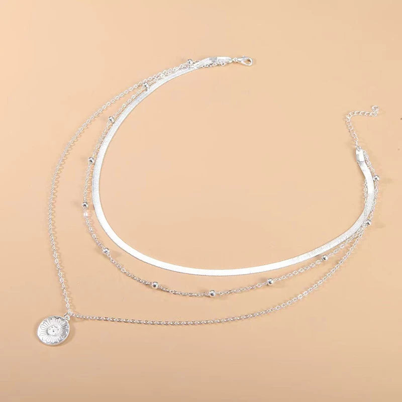 Three-Layer silver round Necklace