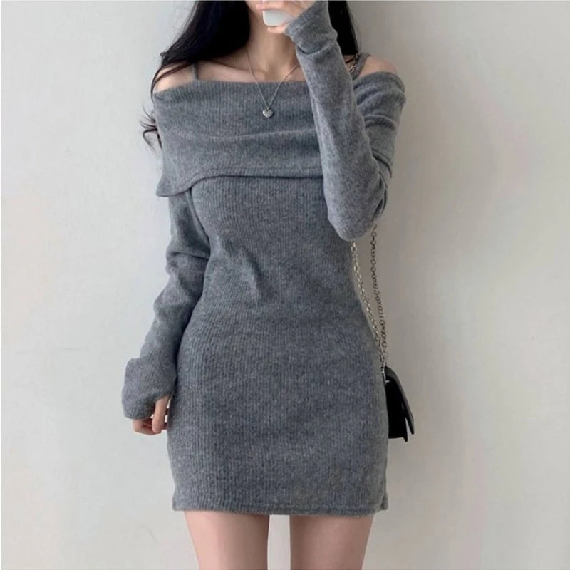 Women Slash Neck Knitted Bodycon Dress off Shoulder Sexy Slim Dress Solid Streetwear Pullover Dresses Women 2024 Spring