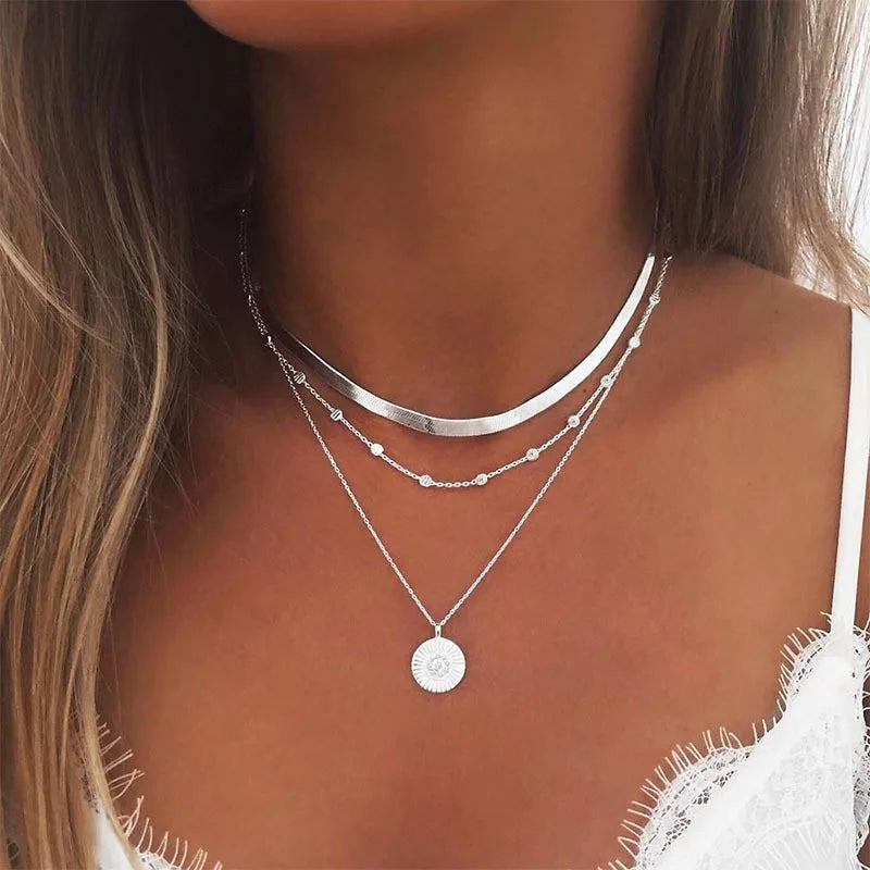 Three-Layer silver round Necklace