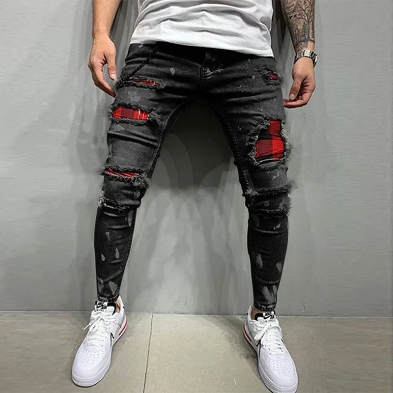 Men Knee Hole Ripped Stretch Skinny jeans 