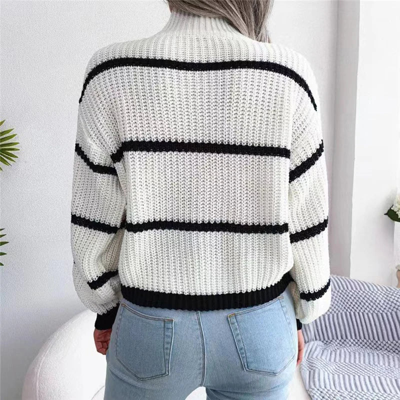 WOMEN STRIPED KNIT LOOSE SWEATER, CASUAL STREETWEAR SWEATER 2024