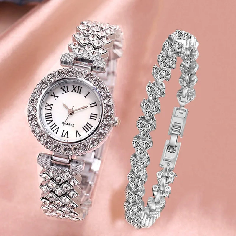 2Pcs Set Luxury Women Shiny Bracelet Watches  