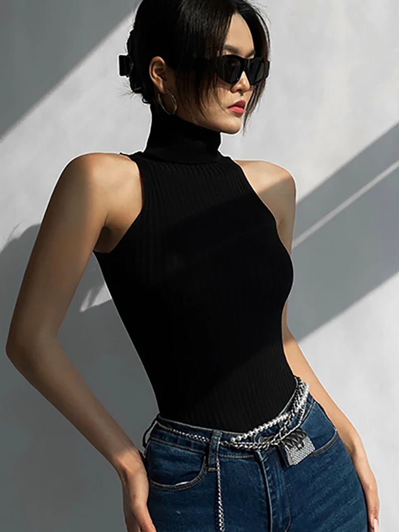 Women off Shoulder Tops Turtleneck Tank Tops Knitted Hot Tops Women 2024 Summer Skinny round Neck Solid Cute Cropped