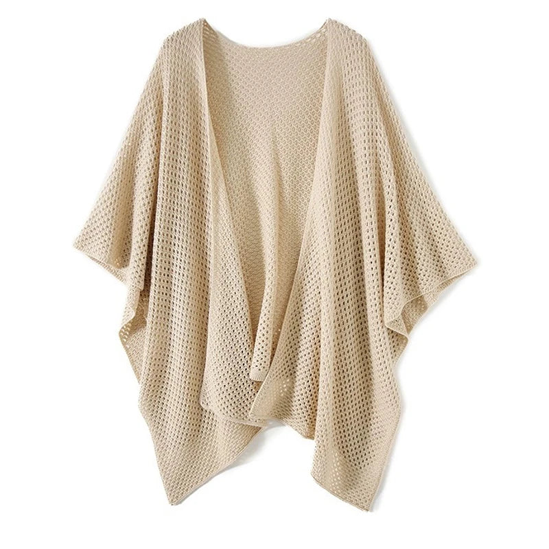 Hollow Out Cardigan Shawl Air-Conditioning Shirt Sweater Cape Coat Solid Knitted Loose Office Shawl Wool Spring