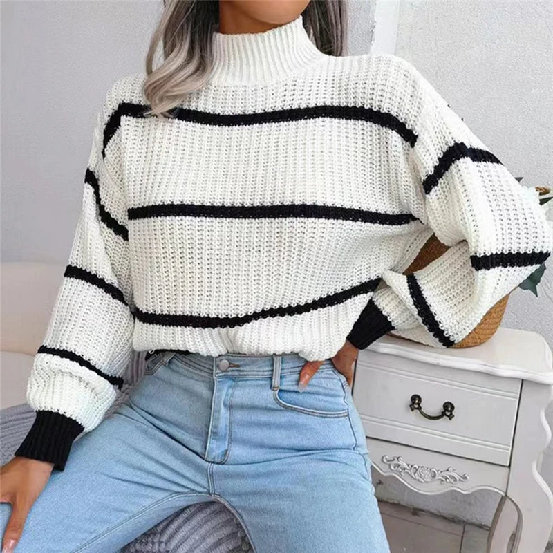 WOMEN STRIPED KNIT LOOSE SWEATER, CASUAL STREETWEAR SWEATER 2024