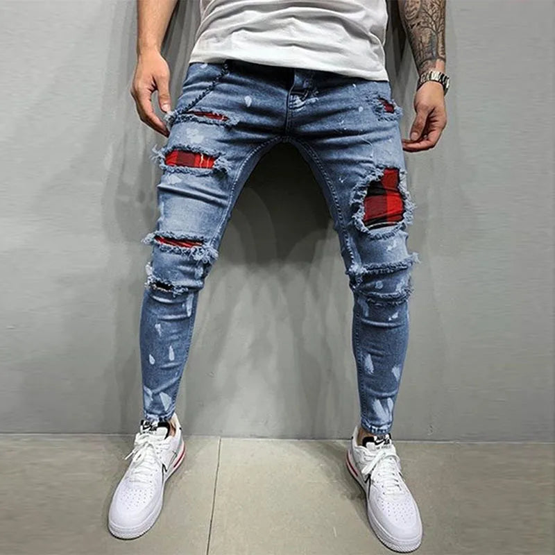 Men Knee Hole Ripped Stretch Skinny jeans 