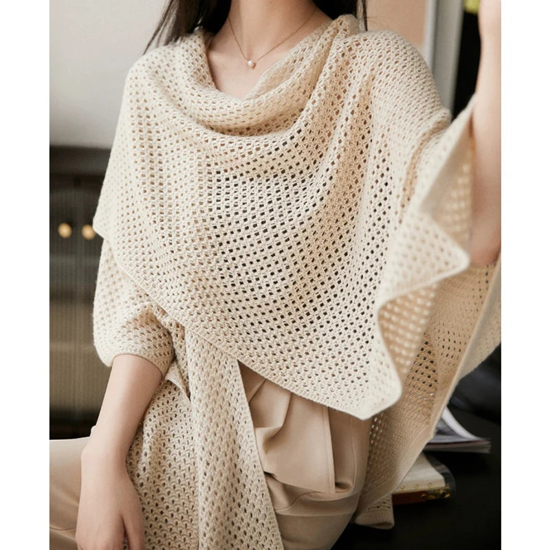 Hollow Out Cardigan Shawl Air-Conditioning Shirt Sweater Cape Coat Solid Knitted Loose Office Shawl Wool Spring