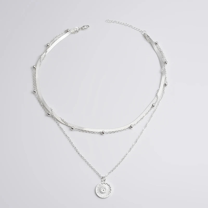 Three-Layer silver round Necklace