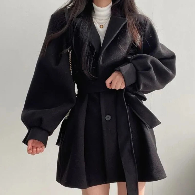 Women Buttons Lace-Up Trench Coat with Pockets Woolen Turn-Down Collar Long Sleeve TRAF Coat Overcoat Women Fall Winter