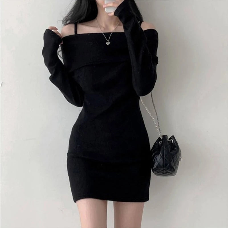 Women Slash Neck Knitted Bodycon Dress off Shoulder Sexy Slim Dress Solid Streetwear Pullover Dresses Women 2024 Spring