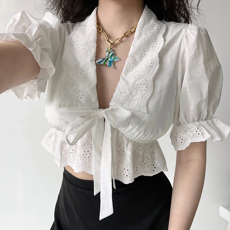 Women Embroidered Lace-Up Sweet T-Shirt White Top Turn-Down Collar Puff Sleeves Holiday Beach Tee Streetwear Shirt Spring