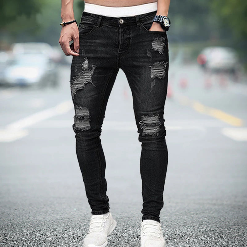 Men Knee Hole Ripped Stretch Skinny jeans 