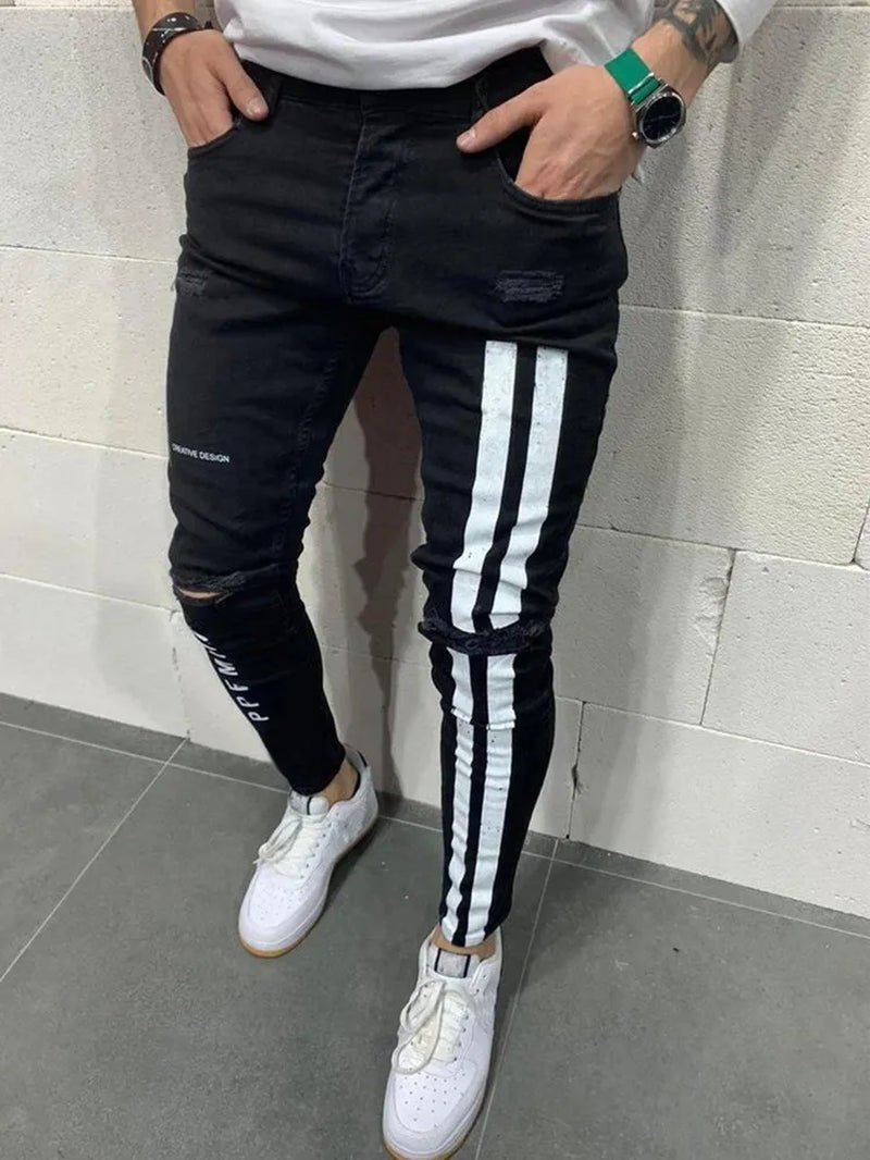 Men Knee Hole Ripped Stretch Skinny jeans 