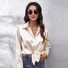 Women Satin Elegant T-Shirts Long Sleeve Single-Breasted Cardigan Shirt Turn-Down Collar Office Tee Tops Spring Summer