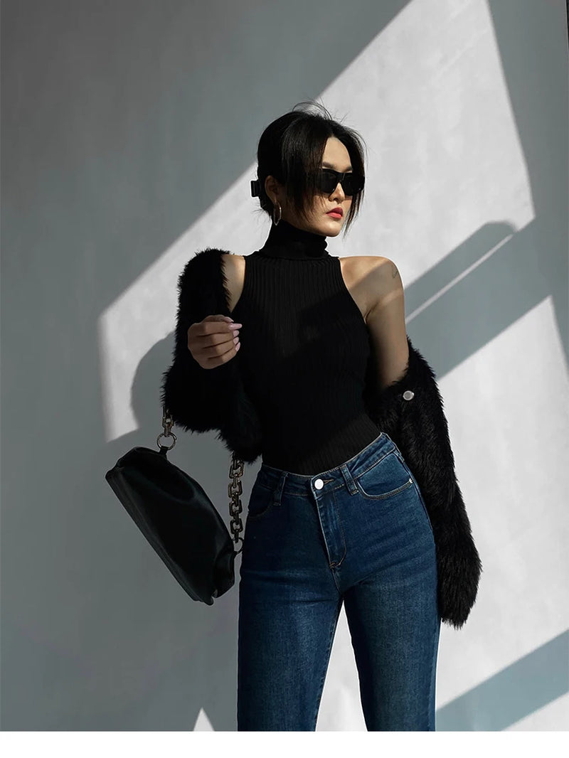 Women off Shoulder Tops Turtleneck Tank Tops Knitted Hot Tops Women 2024 Summer Skinny round Neck Solid Cute Cropped