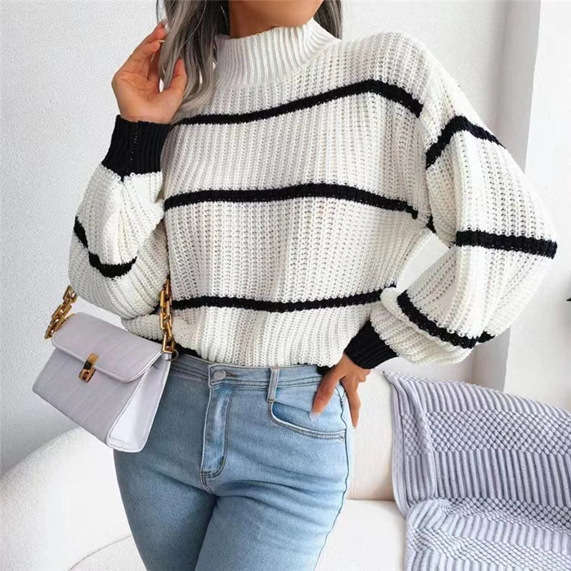 WOMEN STRIPED KNIT LOOSE SWEATER, CASUAL STREETWEAR SWEATER 2024