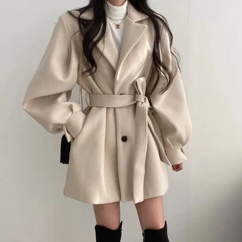 Women Buttons Lace-Up Trench Coat with Pockets Woolen Turn-Down Collar Long Sleeve TRAF Coat Overcoat Women Fall Winter