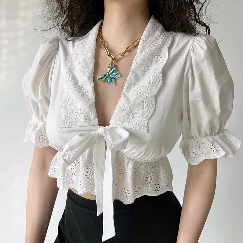 Women Embroidered Lace-Up Sweet T-Shirt White Top Turn-Down Collar Puff Sleeves Holiday Beach Tee Streetwear Shirt Spring