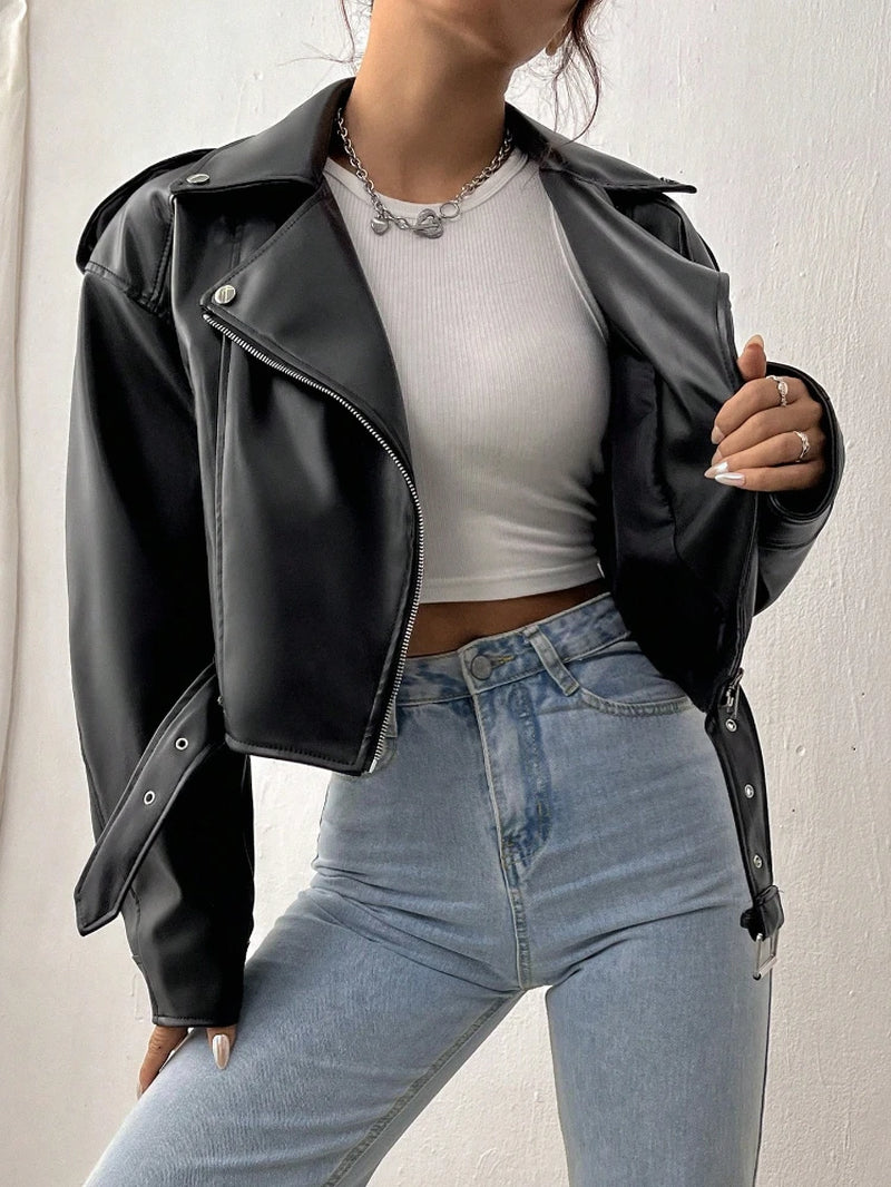 Spring Autumn Casual Women Lapel Zipper Faux PU Leather Jacket