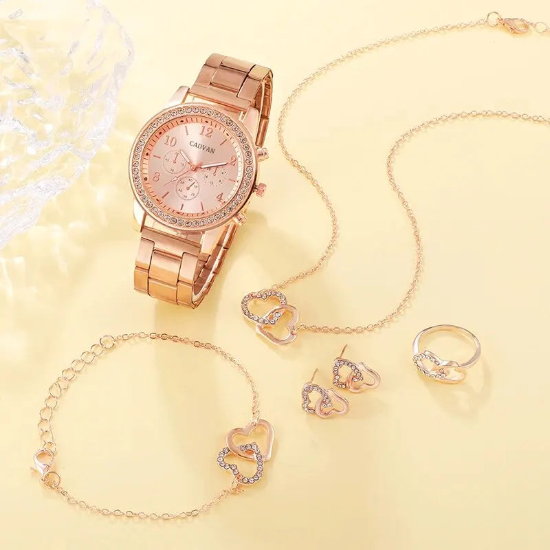 6PCS Set Rose Gold Luxury Watch for Women