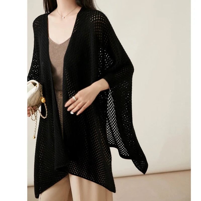 Hollow Out Cardigan Shawl Air-Conditioning Shirt Sweater Cape Coat Solid Knitted Loose Office Shawl Wool Spring