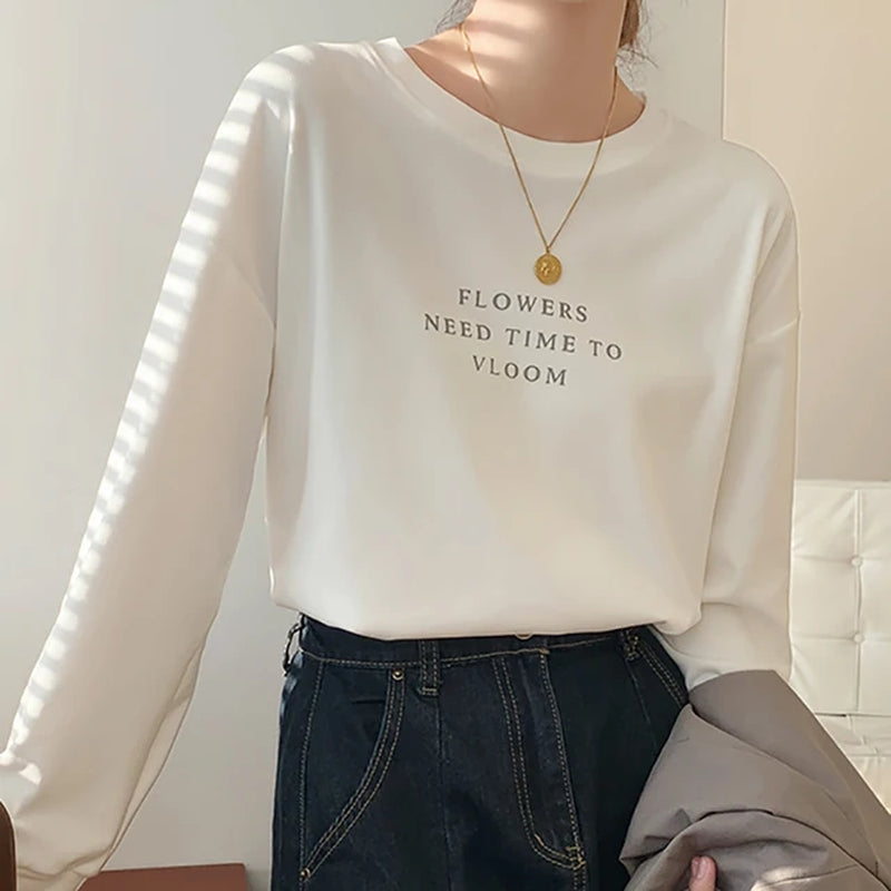 Women Letter Printed T-Shirt Long Sleeve Loose Casual O-Neck Shirt 2024 