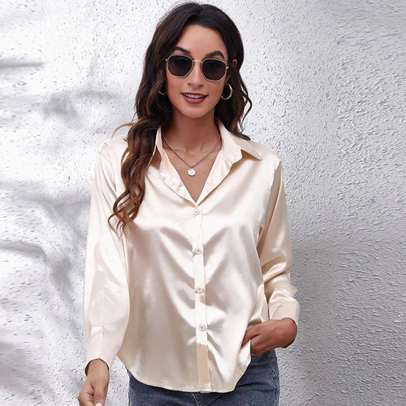 Women Satin Elegant T-Shirts Long Sleeve Single-Breasted Cardigan Shirt Turn-Down Collar Office Tee Tops Spring Summer