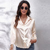 Women Satin Elegant T-Shirts Long Sleeve Single-Breasted Cardigan Shirt Turn-Down Collar Office Tee Tops Spring Summer