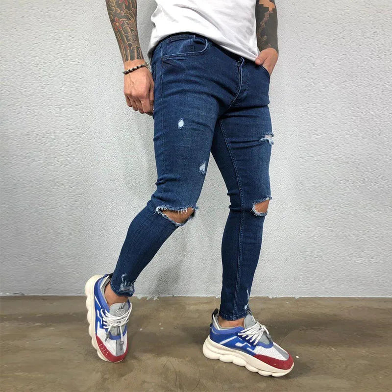 Men Knee Hole Ripped Stretch Skinny jeans 