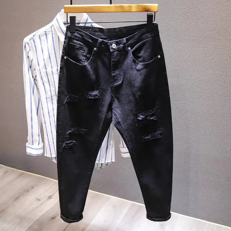 New White Jeans Men All-Match Fashion Ripped Hole pants