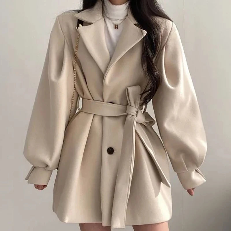 Women Buttons Lace-Up Trench Coat with Pockets Woolen Turn-Down Collar Long Sleeve TRAF Coat Overcoat Women Fall Winter