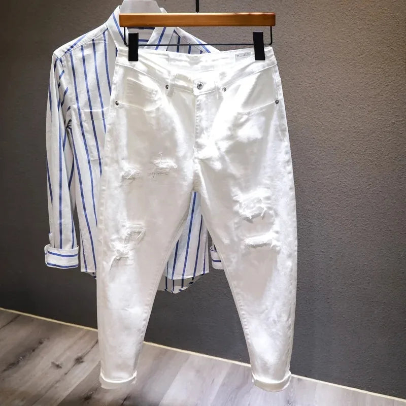 New White Jeans Men All-Match Fashion Ripped Hole pants