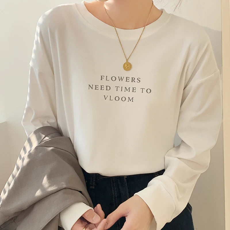 Women Letter Printed T-Shirt Long Sleeve Loose Casual O-Neck Shirt 2024 