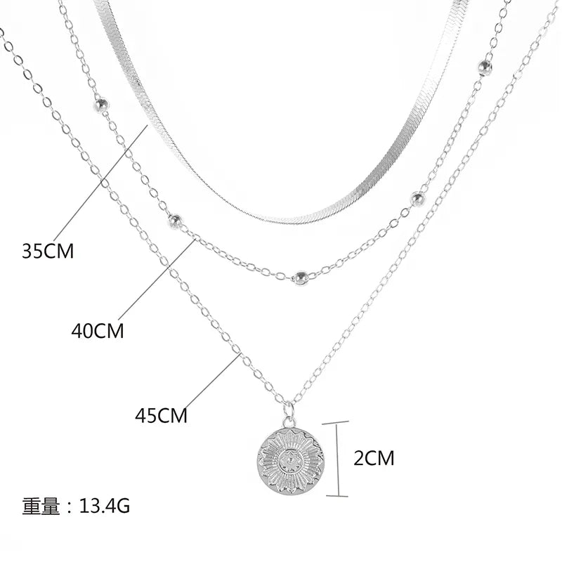 Three-Layer silver round Necklace